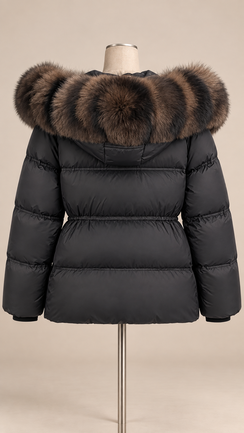 Isolde Fox-Hood Puffer — Black mannequin back