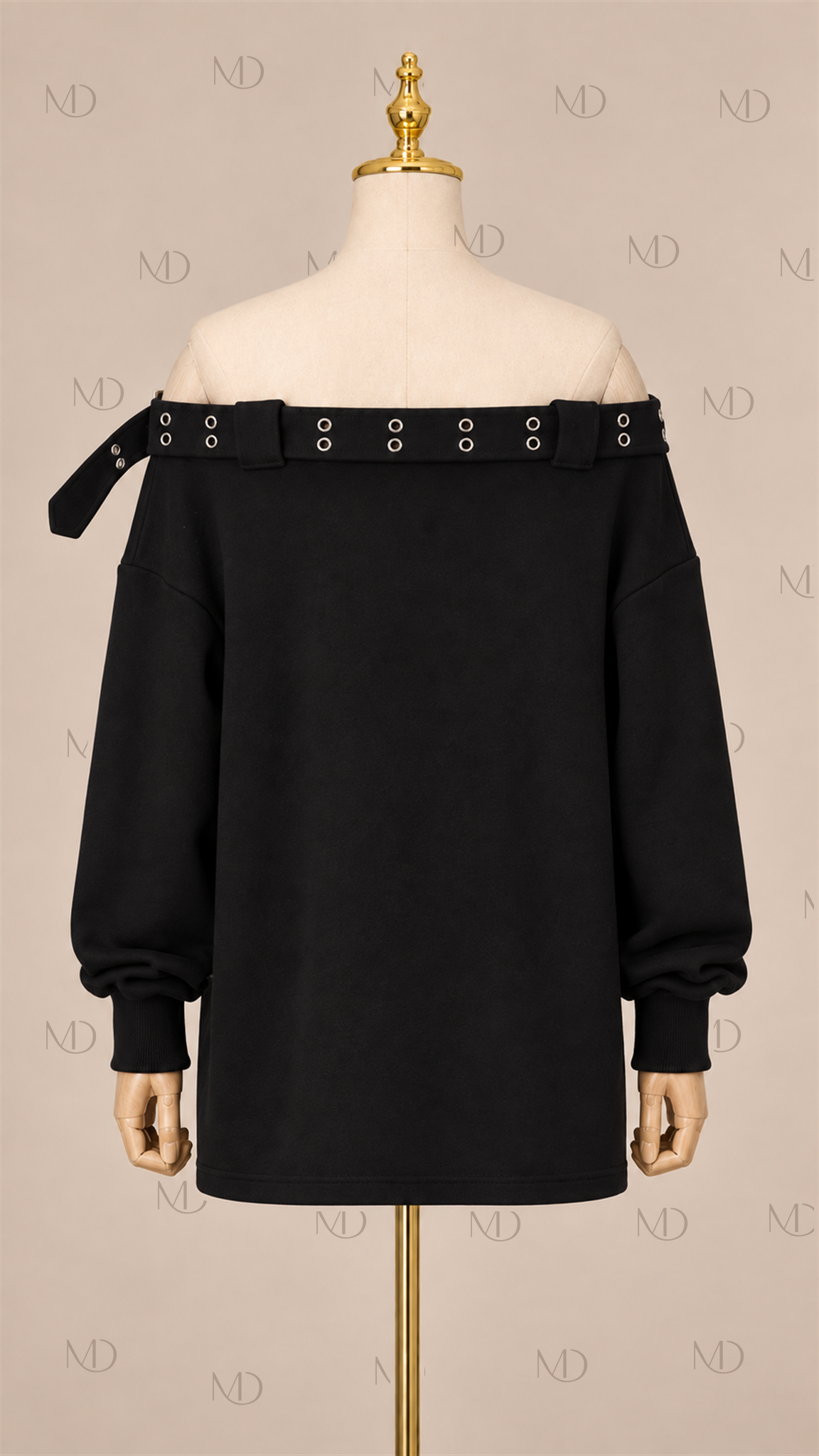 Nova Buckle Off-Shoulder Sweatshirt — Black mannequin back