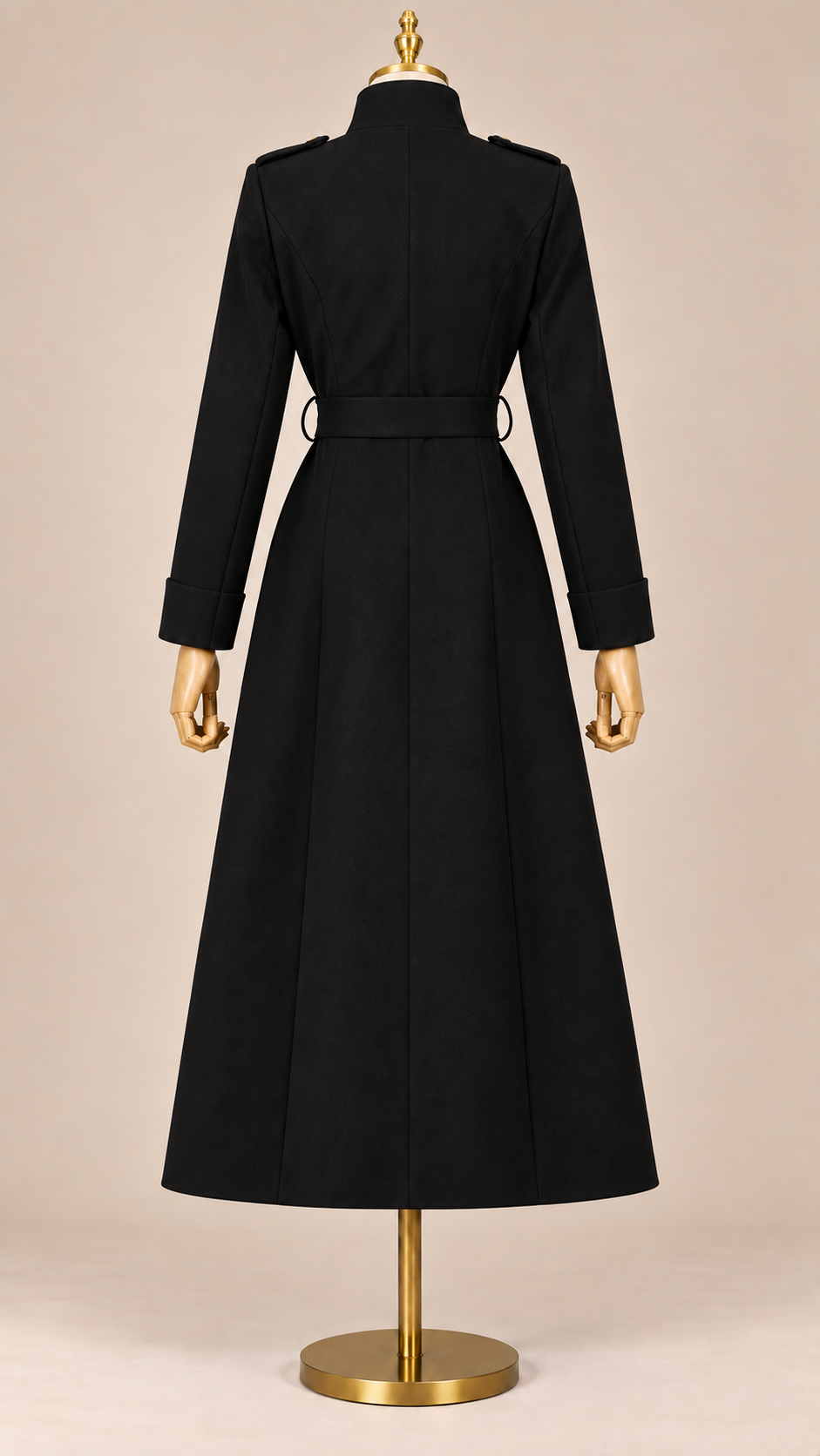 Vesper Belted Trench Coat — Black mannequin back