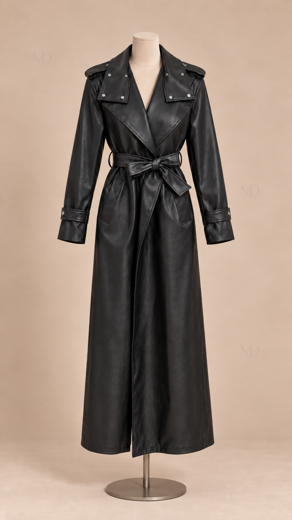 Roxane Belted Leather Trench — Black mannequin front