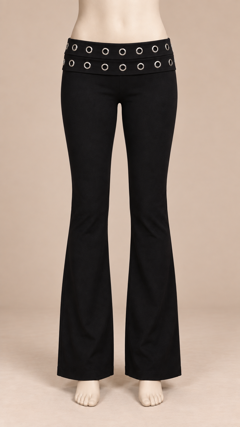 Rhea Eyelet Flare Pants — Black mannequin front