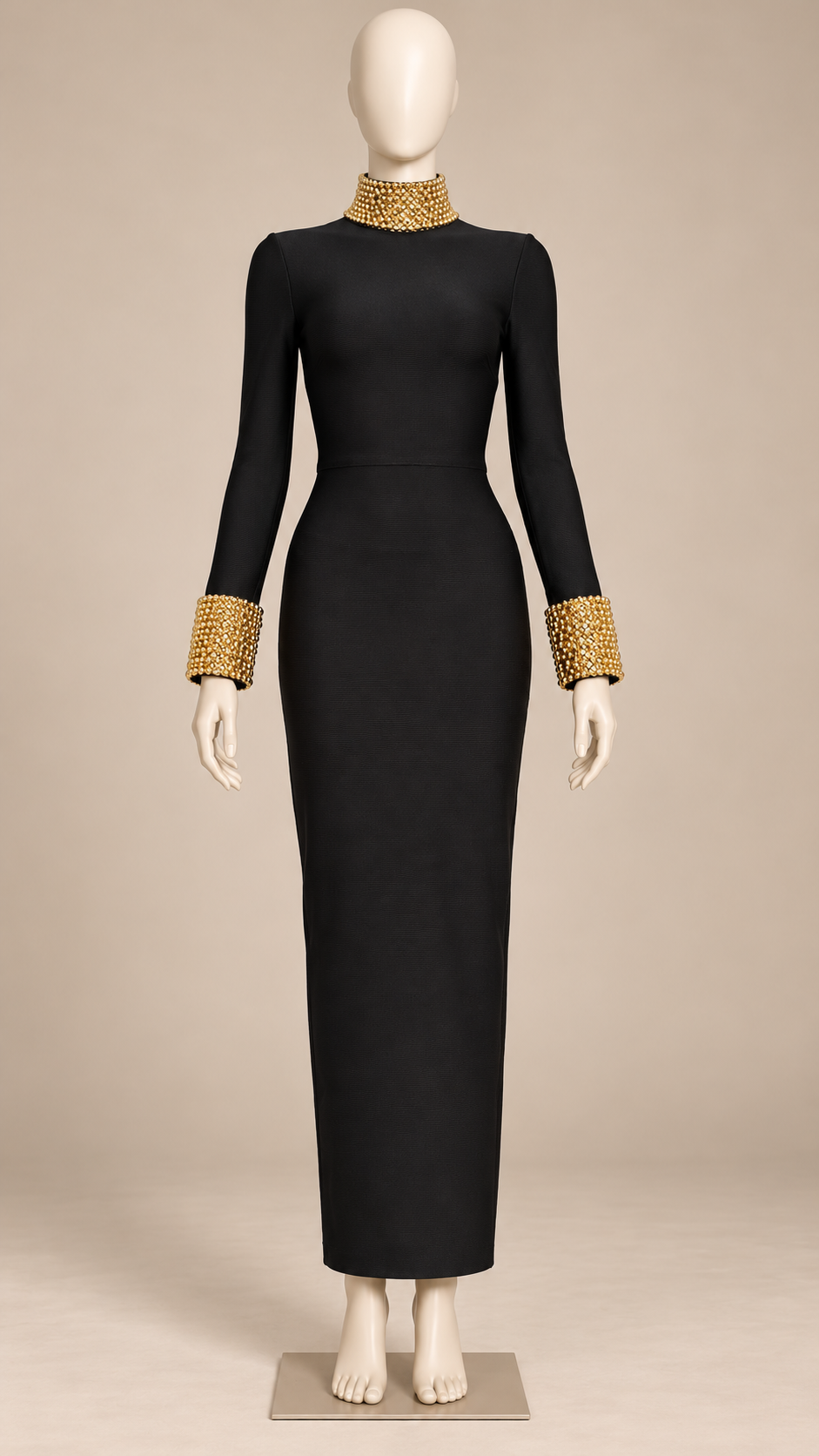Zaira Gilded-Cuff Bandage Maxi — Black mannequin front