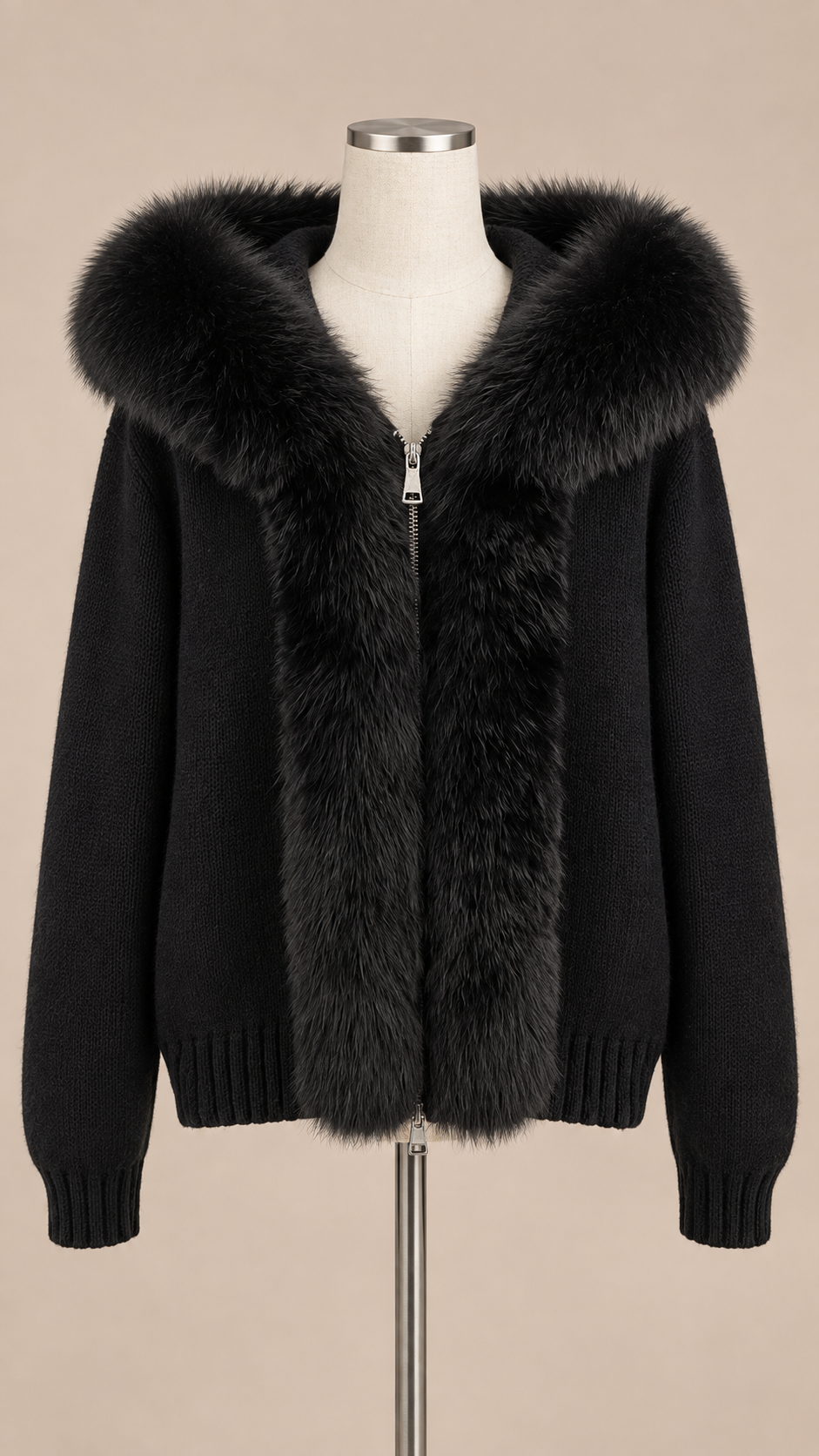 Sable Fox-Collar Cardigan — Black mannequin front