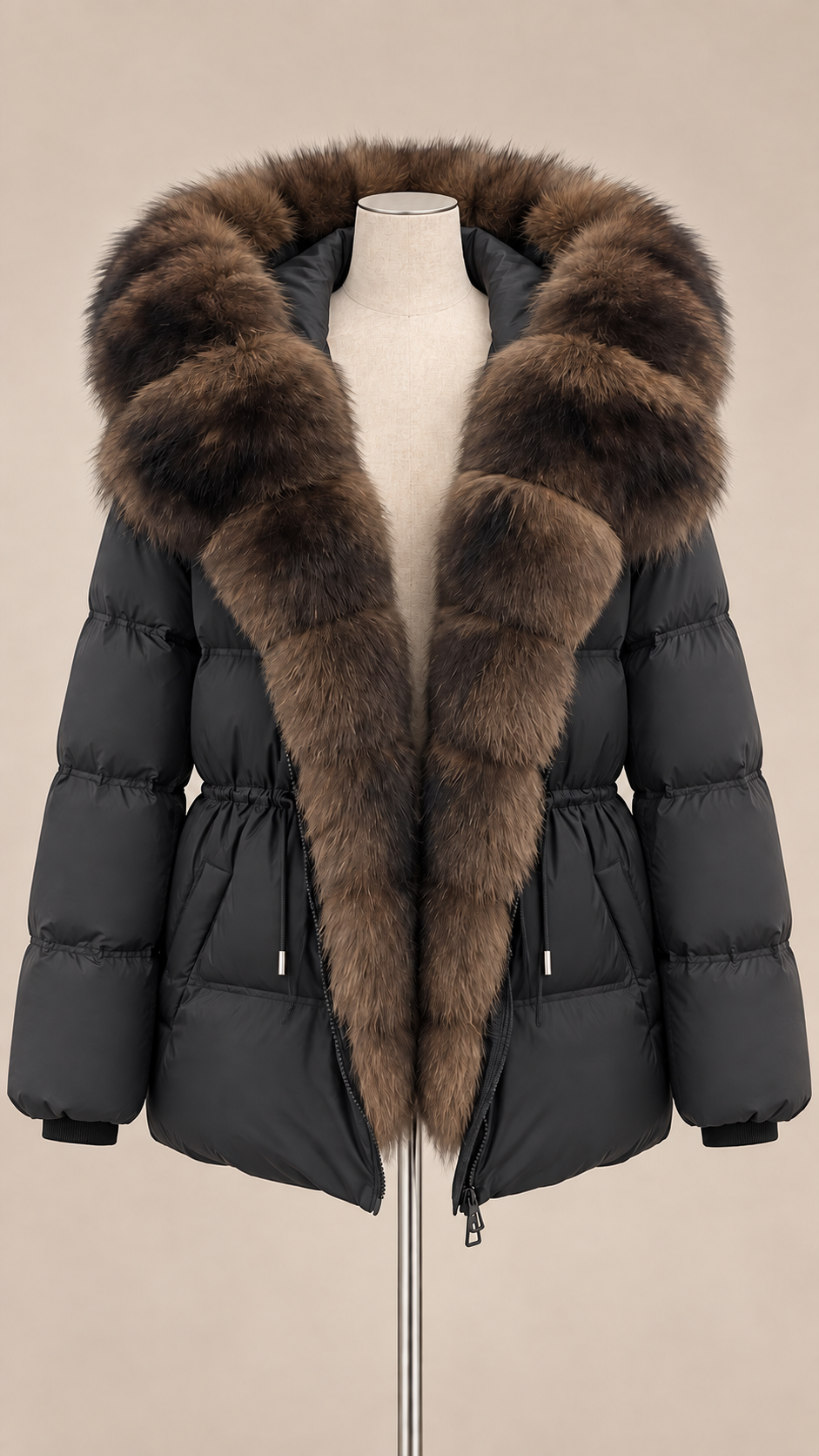 Isolde Fox-Hood Puffer — Black mannequin front