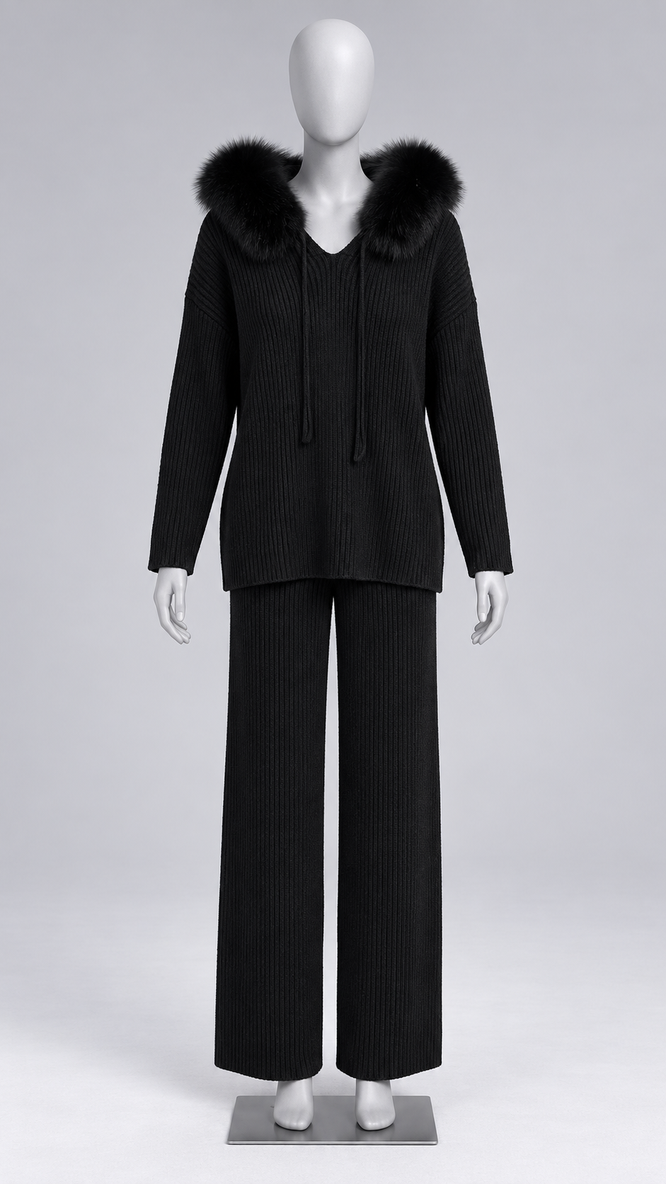 Wilma Fox-Hood Knit Set — Black mannequin front