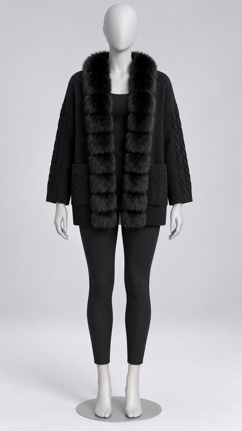 Maribelle Plush-Front Cardigan — Black mannequin front