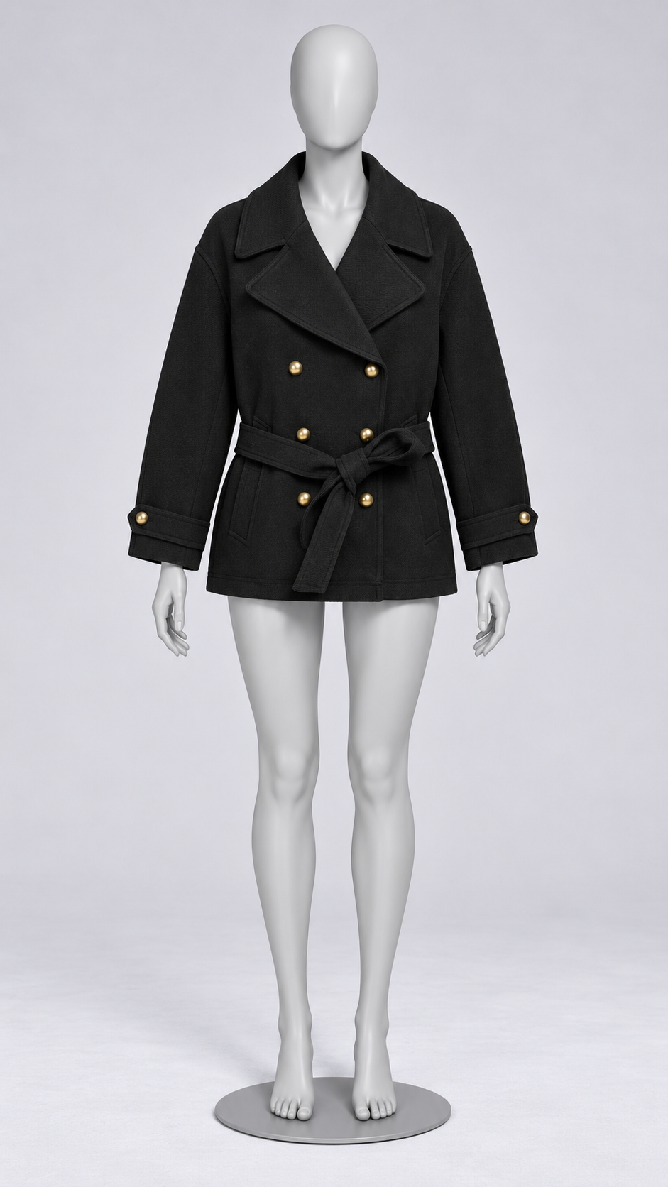Henriette Gold-Button Peacoat — Black mannequin front