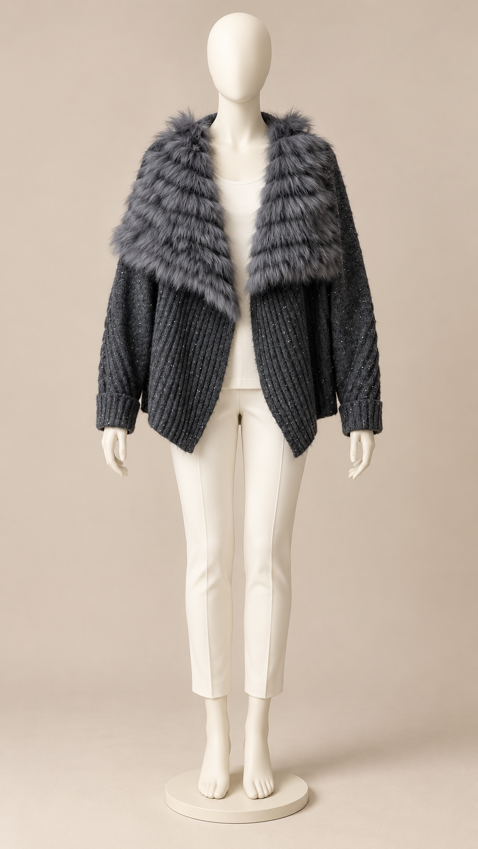 Delia Fur-Trim Cardigan — Black mannequin front