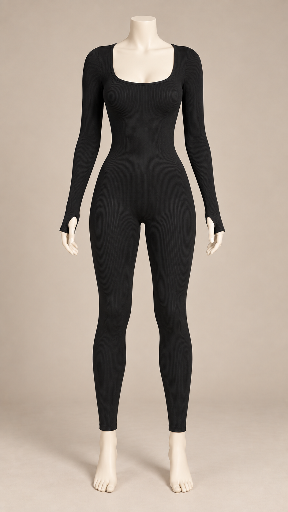 Sienna Ribbed Yoga Jumpsuit — Black mannequin front