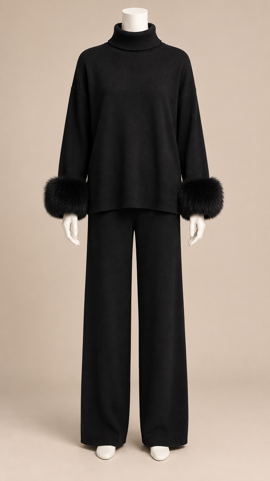 Noor Fur-Pom Knit Set — Black mannequin front