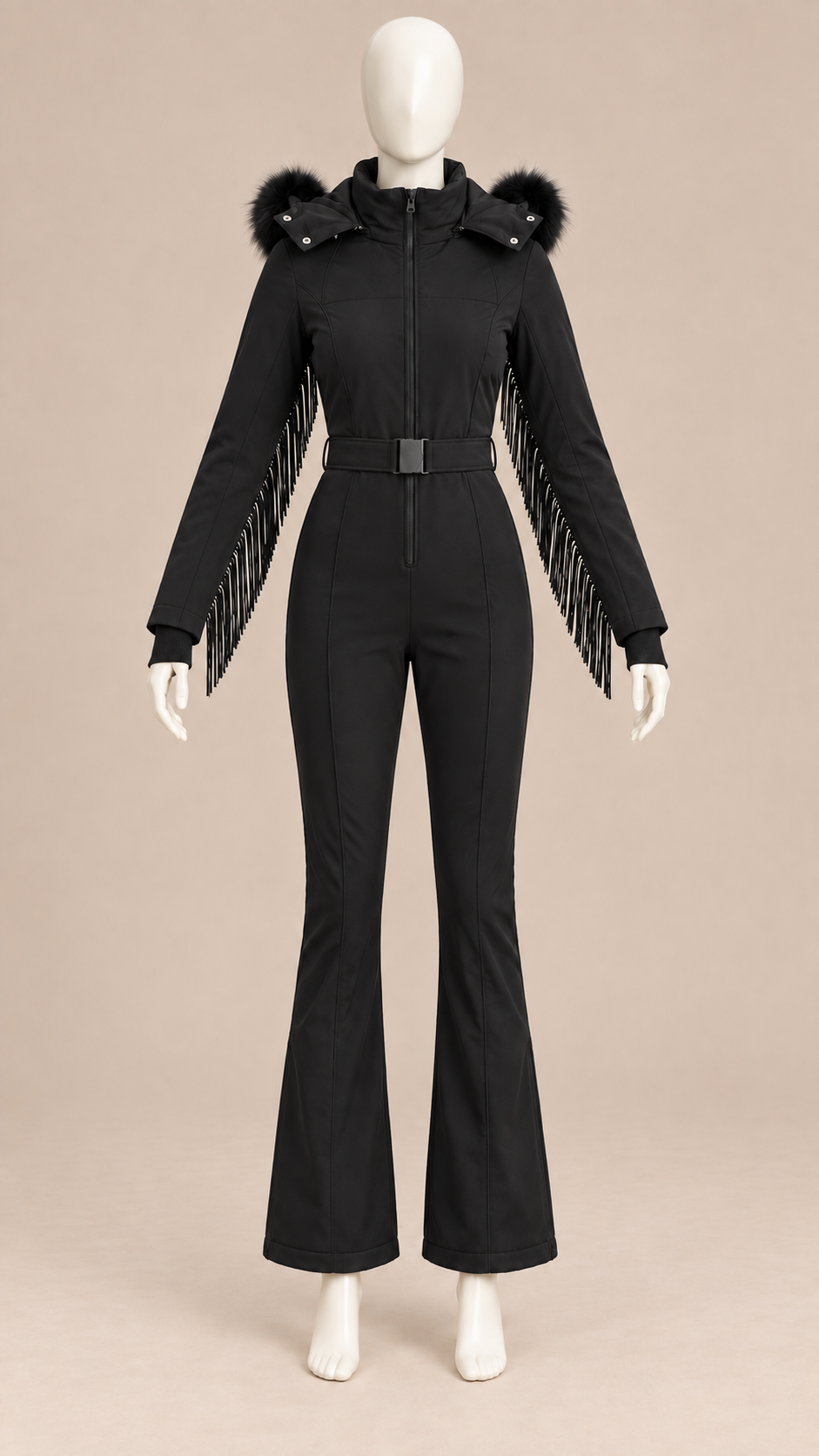 Aspen Fringed Ski Suit — Black mannequin front