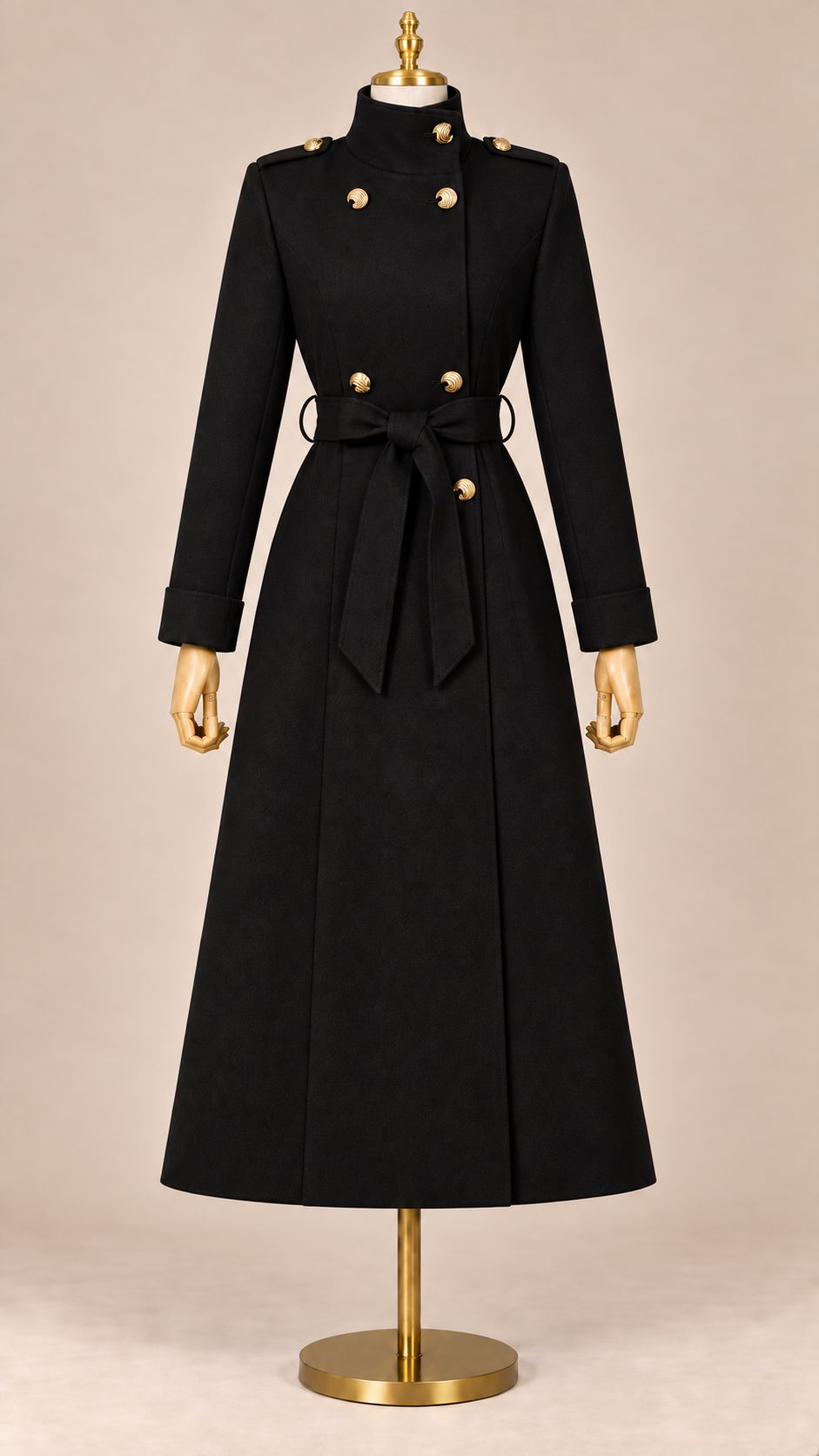Vesper Belted Trench Coat — Black mannequin front