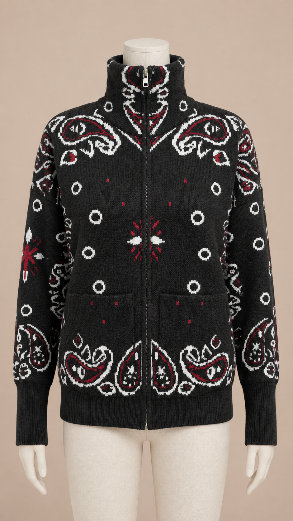 Sienna Paisley Zip Cardigan — Black mannequin front