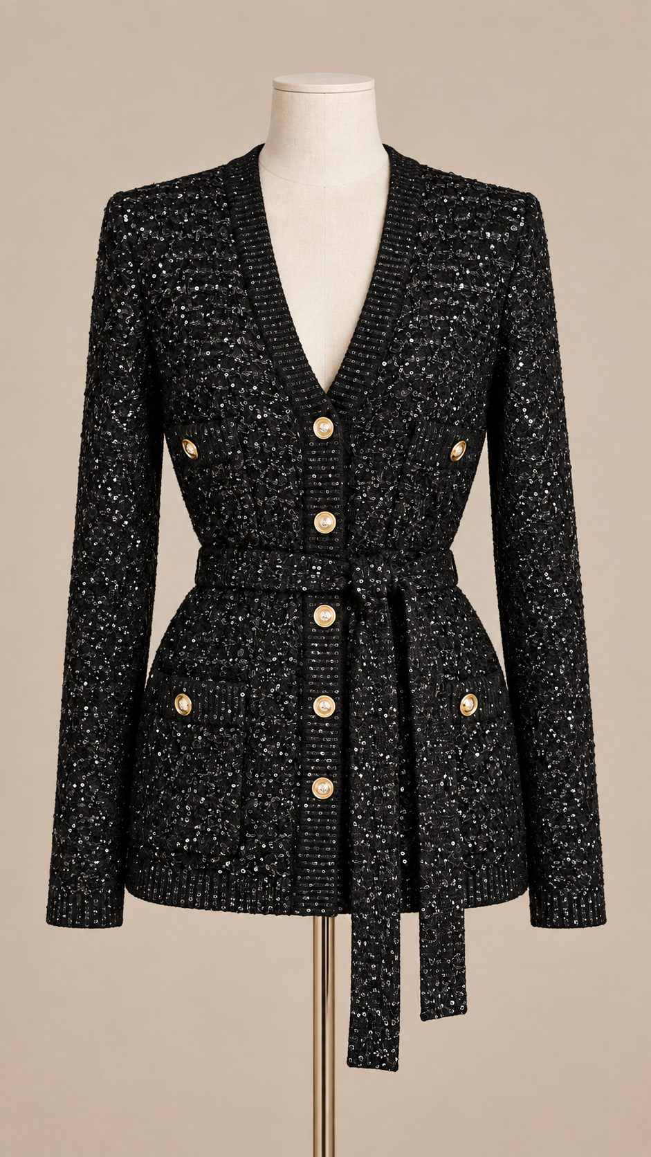 Elodie Sequin Knit Cardigan — Black mannequin front