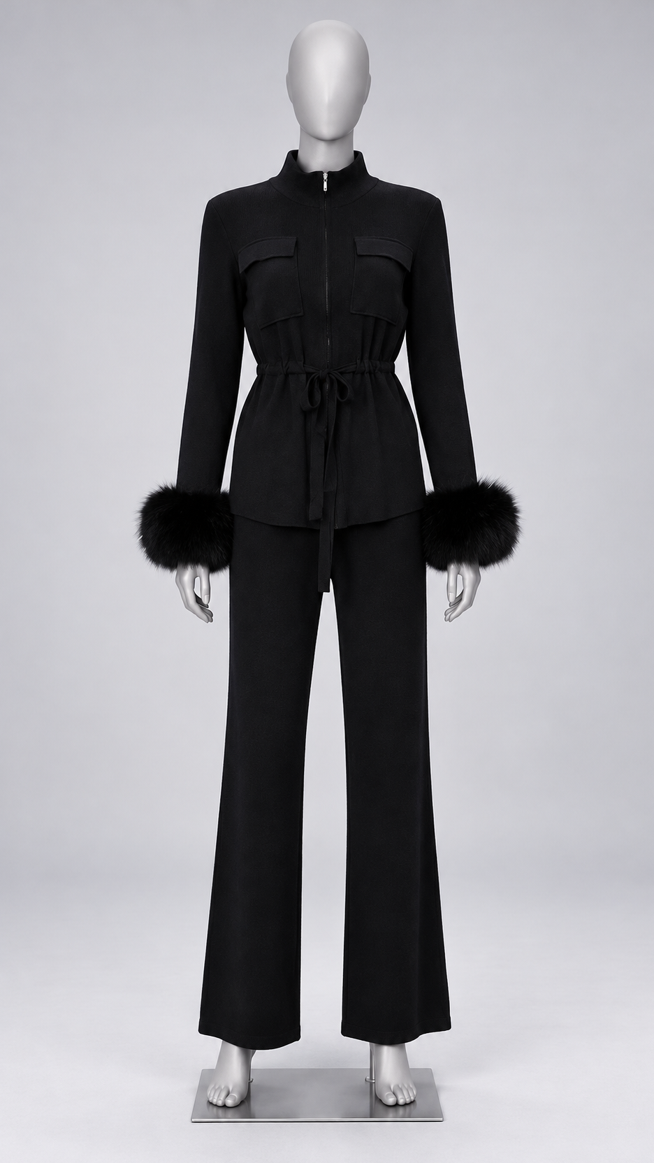 Solveig Tie-Waist Fur Set — Black mannequin front