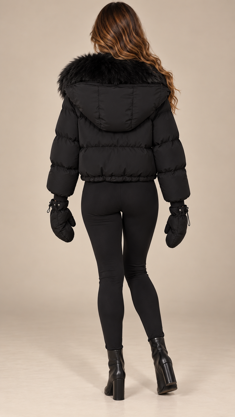 Anastasia Fox-Stole Hooded Puffer — Black model back