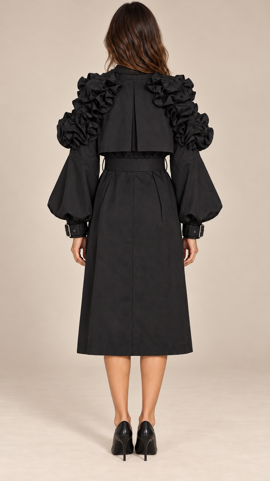 Sorcha Ruffle-Sleeve Trench — Black model back