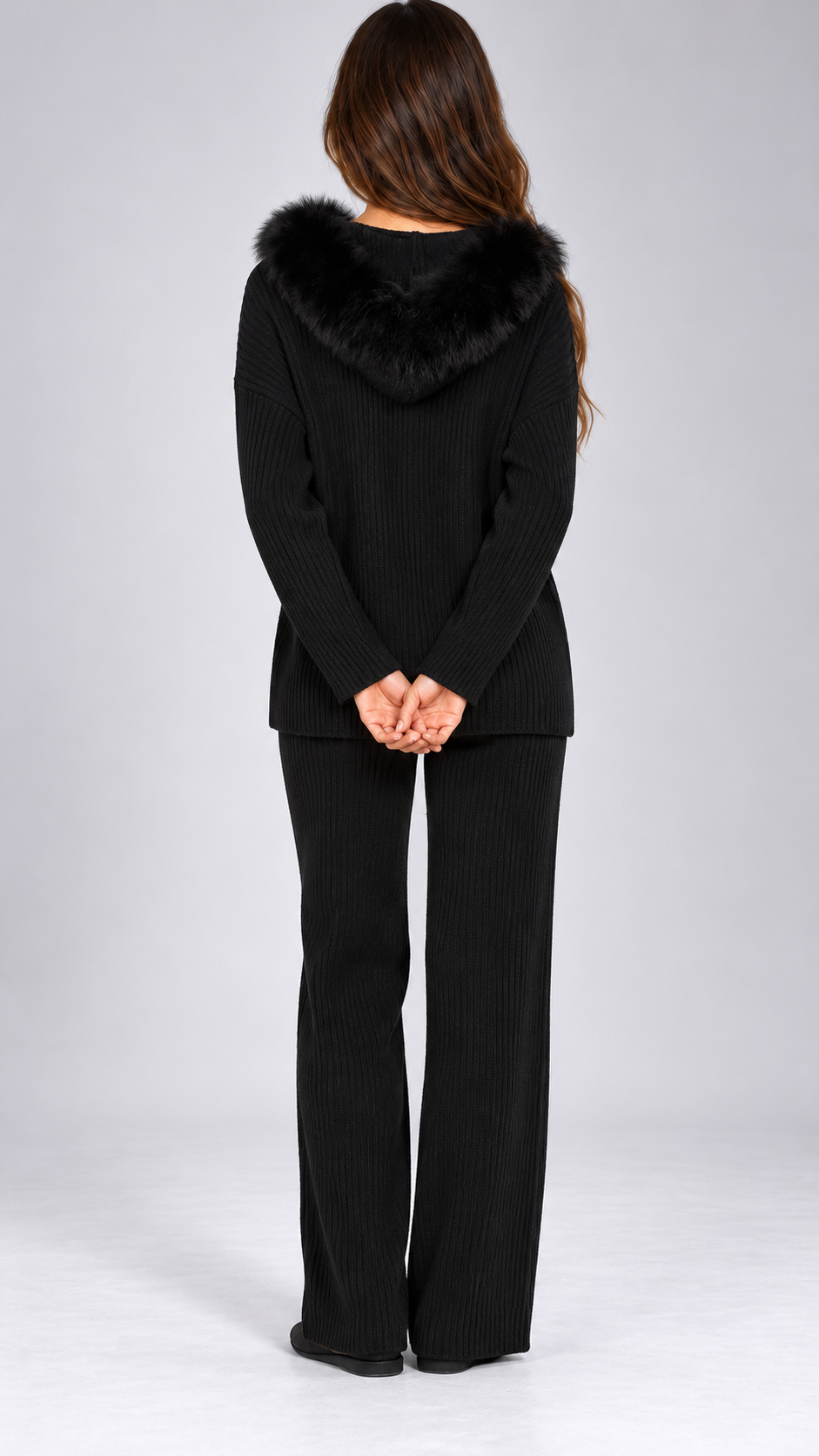 Wilma Fox-Hood Knit Set — Black model back