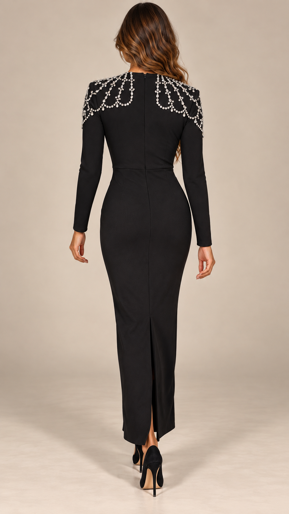 Calanthe Jeweled-Shoulder Maxi — Black model back