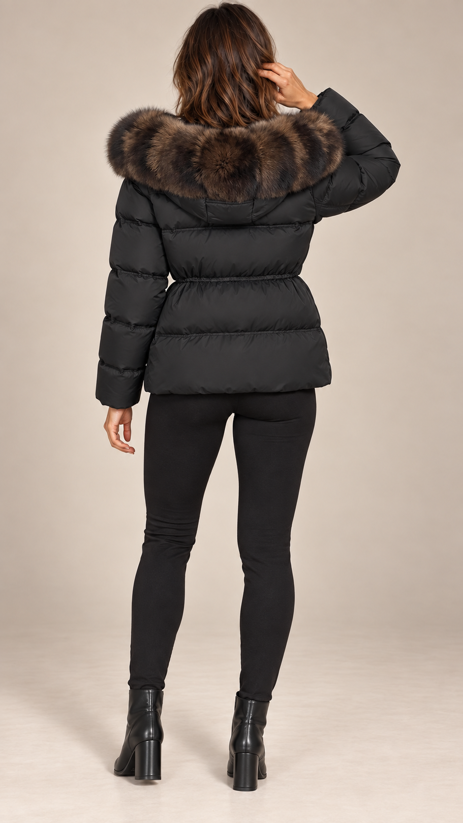 Isolde Fox-Hood Puffer — Black model back