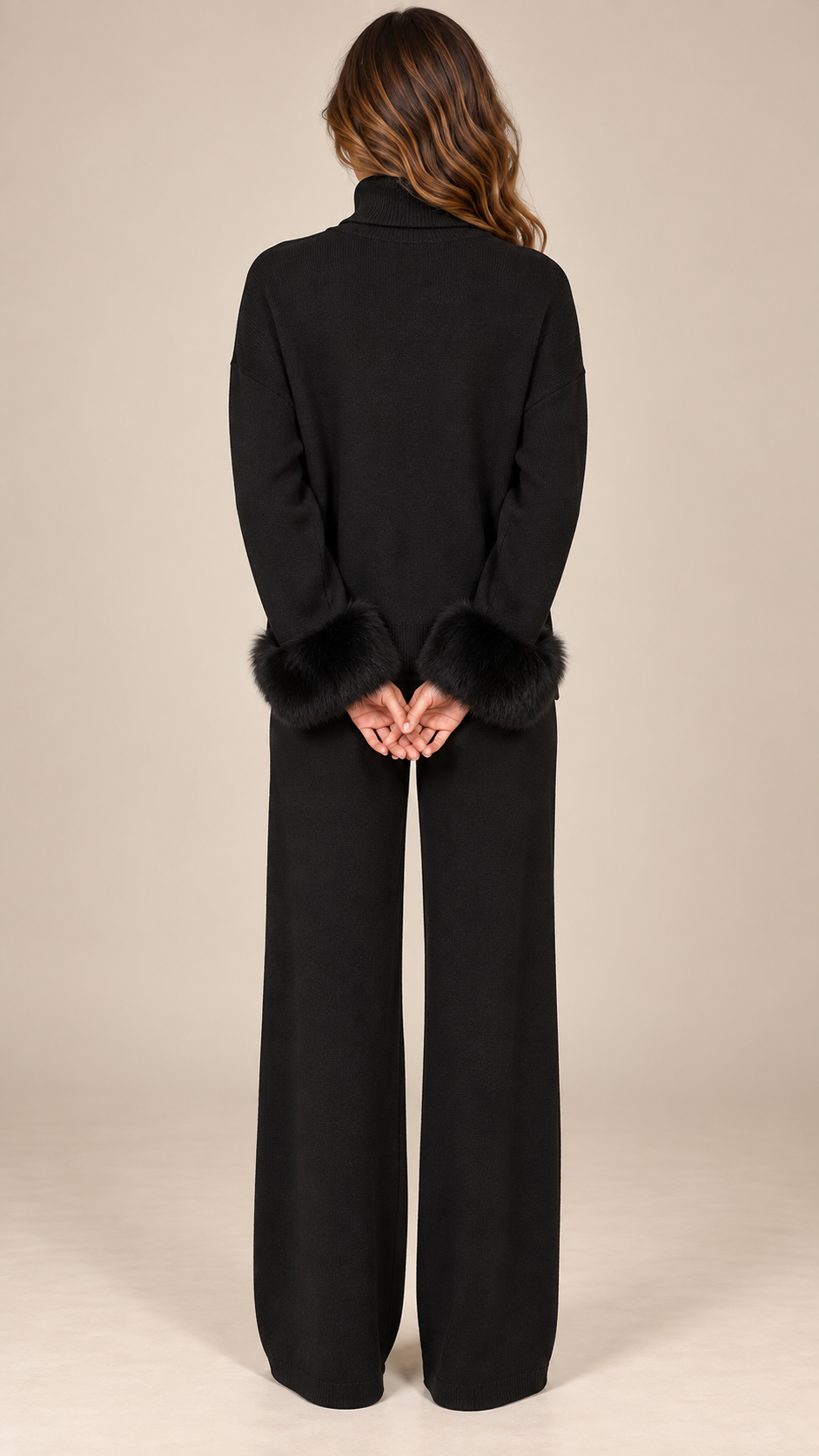 Noor Fur-Pom Knit Set — Black model back