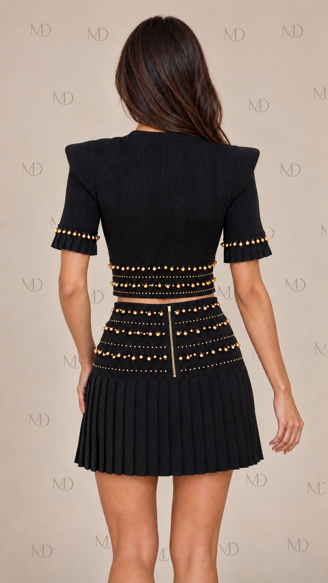 Odette Bell-Trim Knit Skirt Set — Black model back
