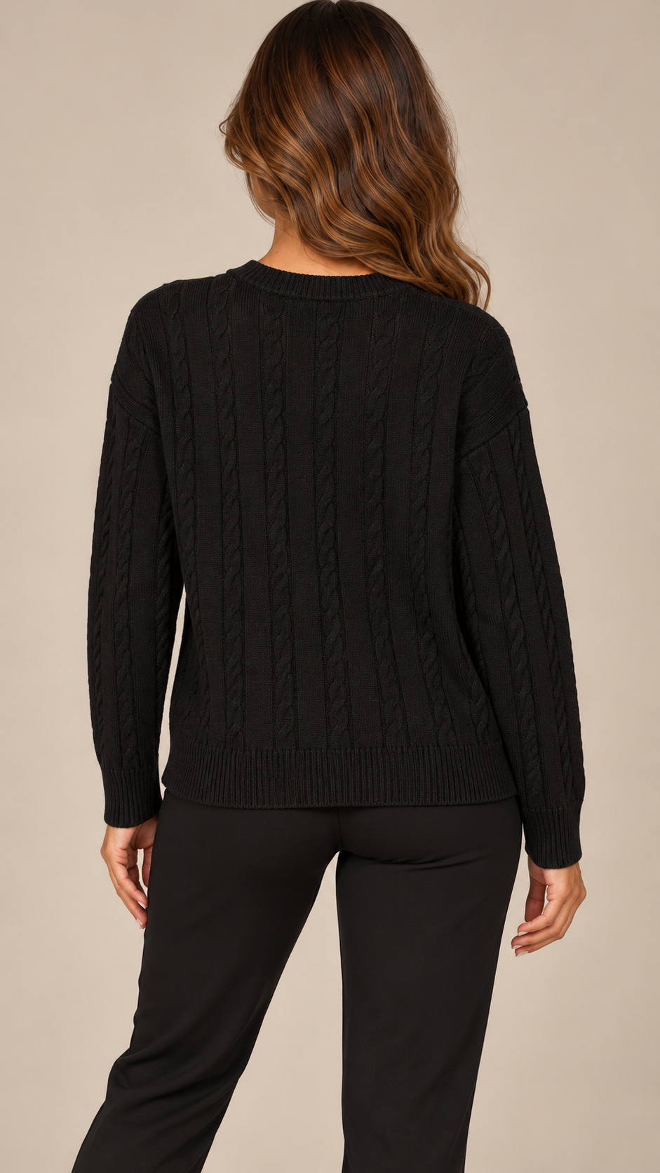 Marit Cable V-Neck Sweater — Black model back