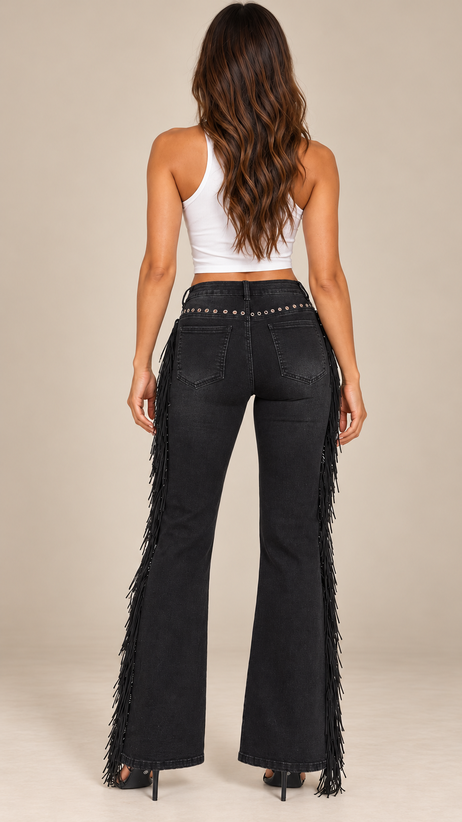 Saffira Fringe-Eyelet Jeans — Black model back