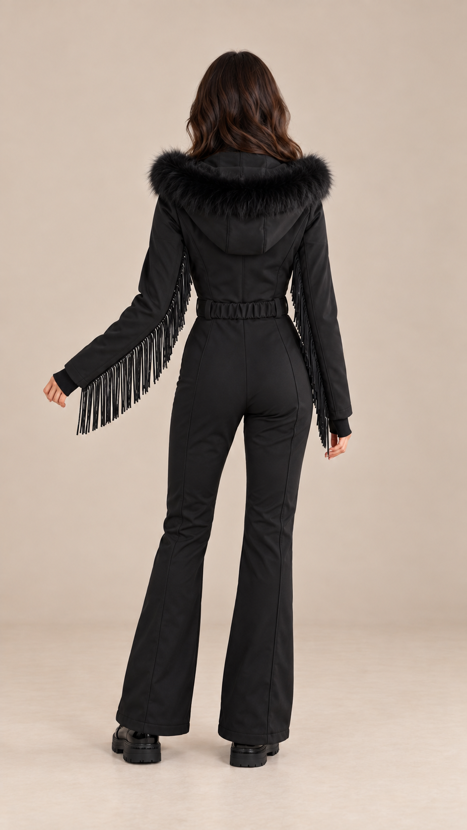 Aspen Fringed Ski Suit — Black model back