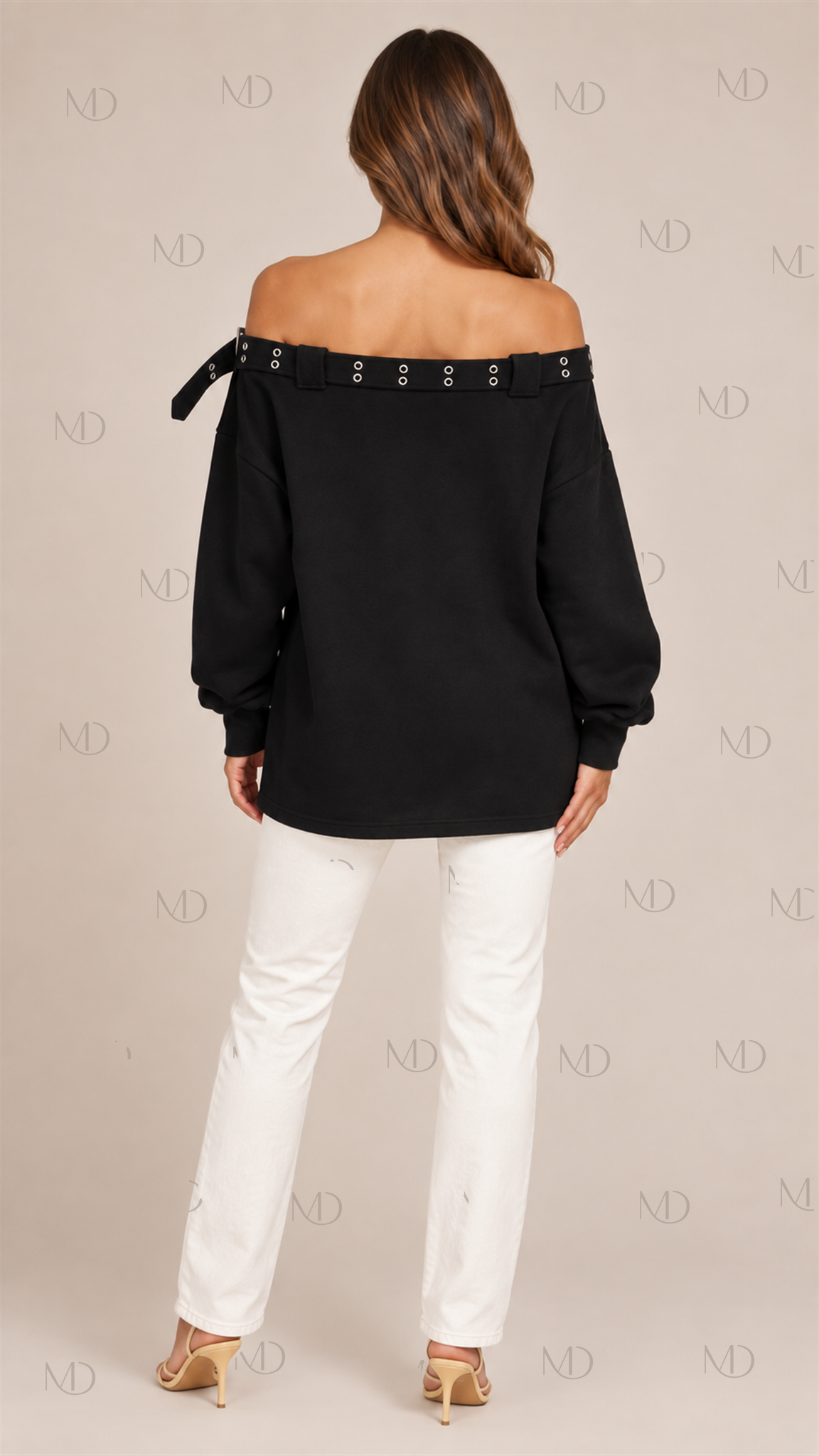 Nova Buckle Off-Shoulder Sweatshirt — Black model back