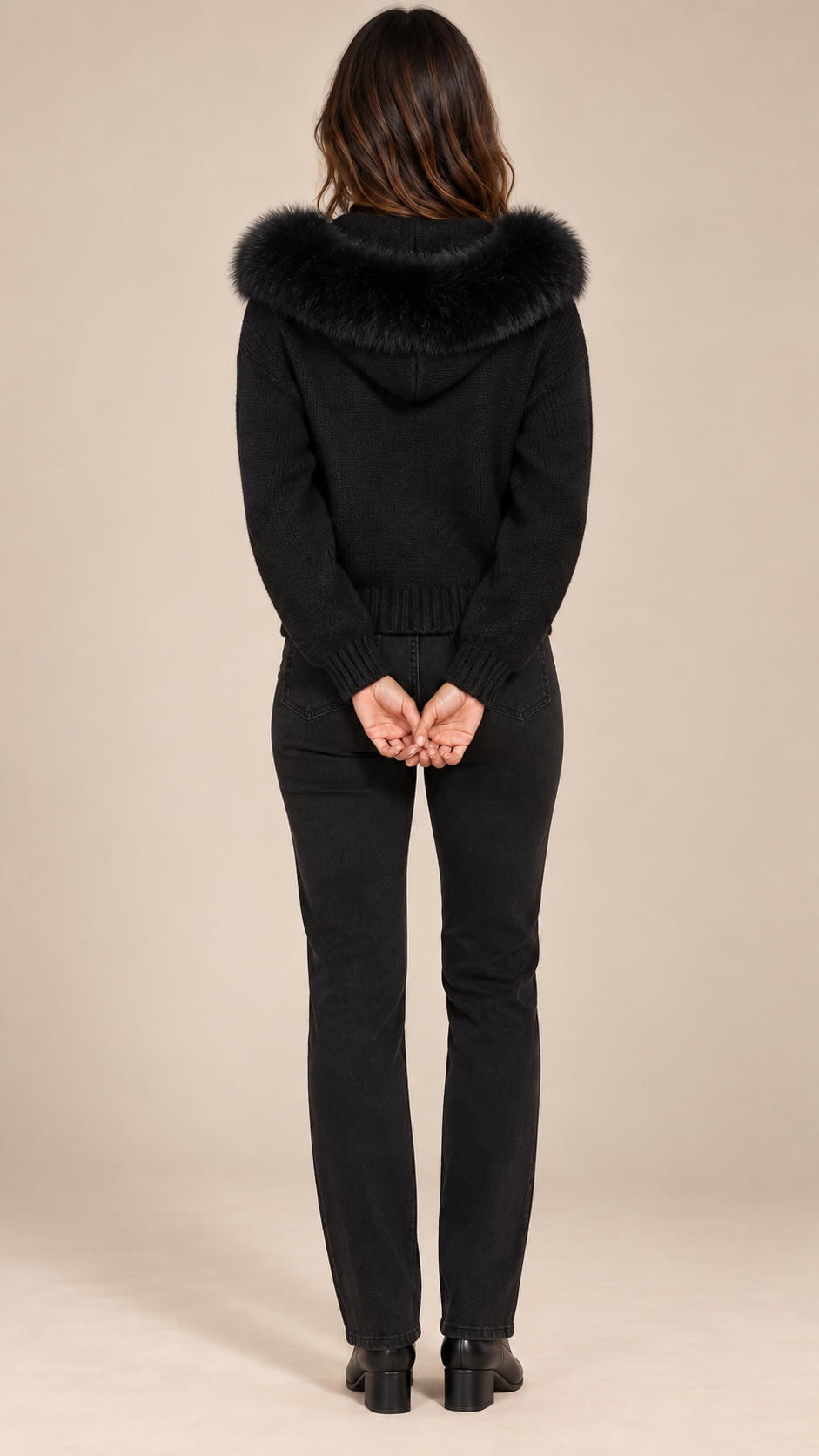 Sable Fox-Collar Cardigan — Black model back