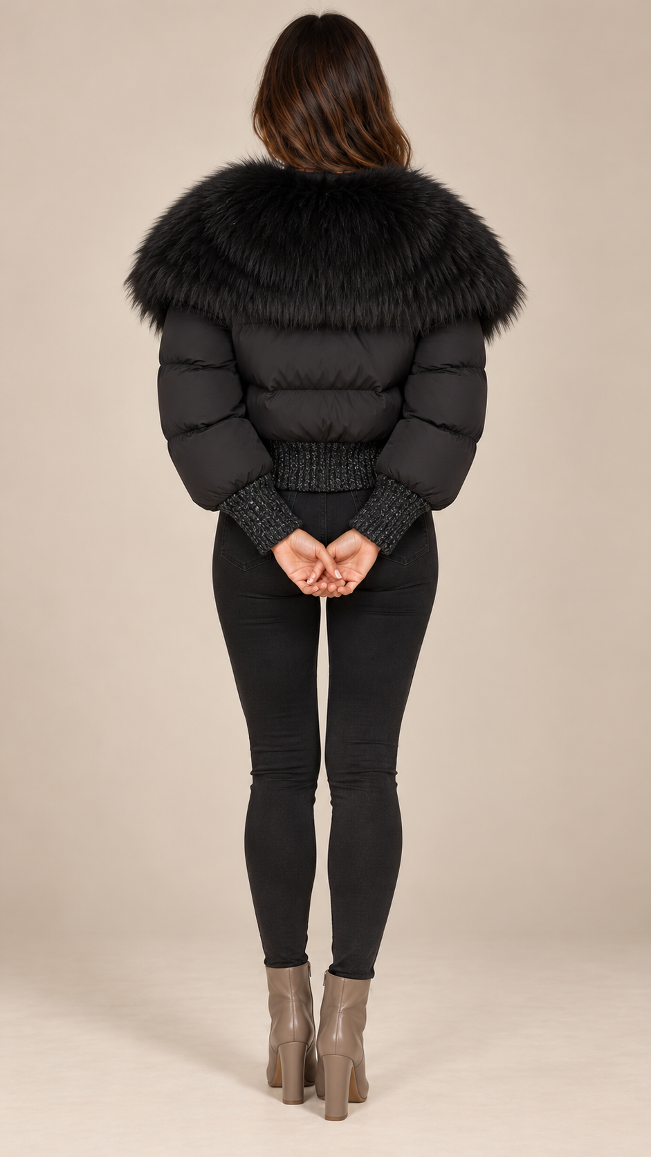 Svetlana Fox-Collar Puffer — Black model back