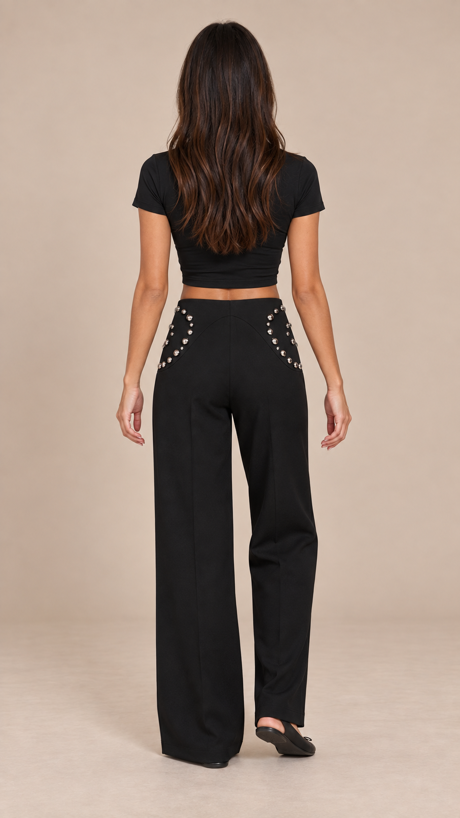 Nyra Studded Wide Pants — Black model back