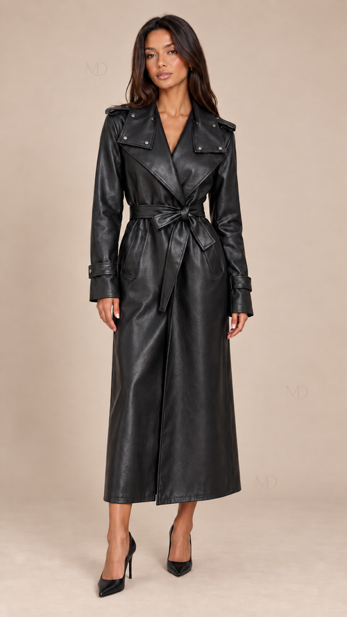 Roxane Belted Leather Trench — Black model front
