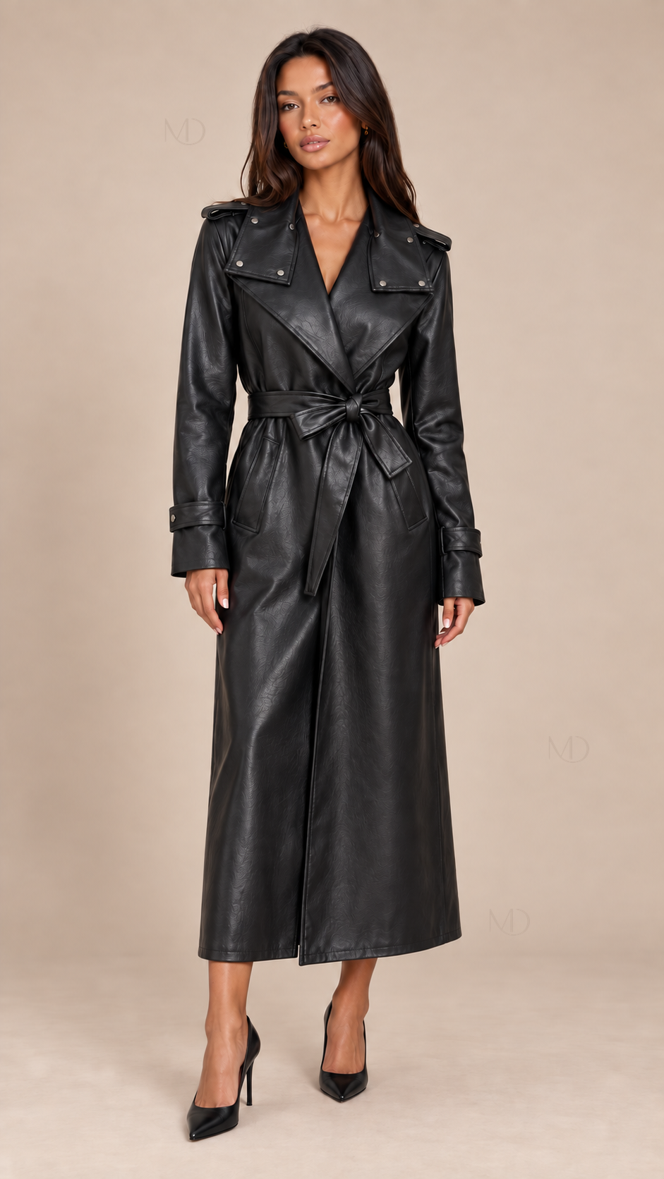 Roxane Belted Leather Trench — Black model front