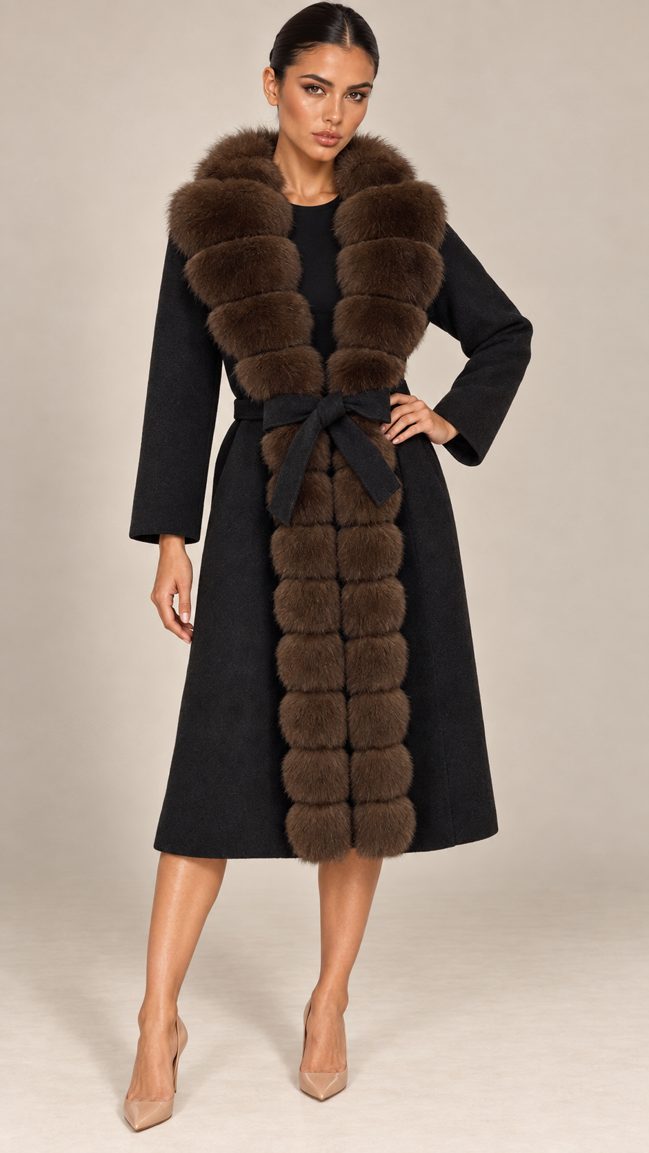 Seraphine Fur Collar Coat — Black model front