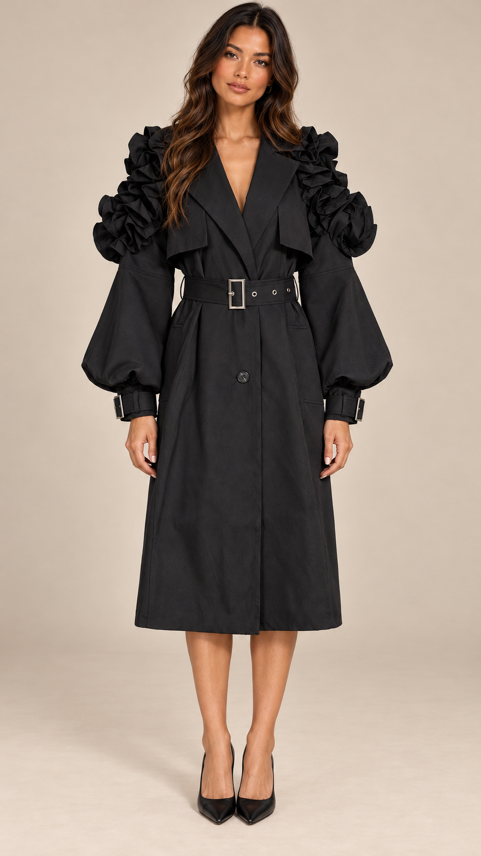Sorcha Ruffle-Sleeve Trench — Black model front