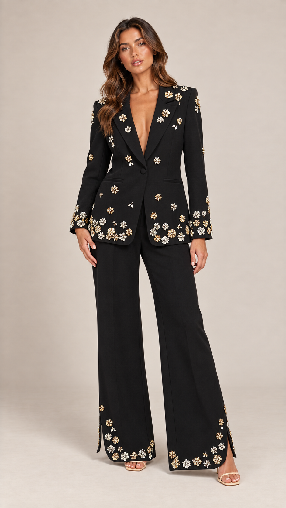 Delphine Beaded Blazer Suit — Black model front