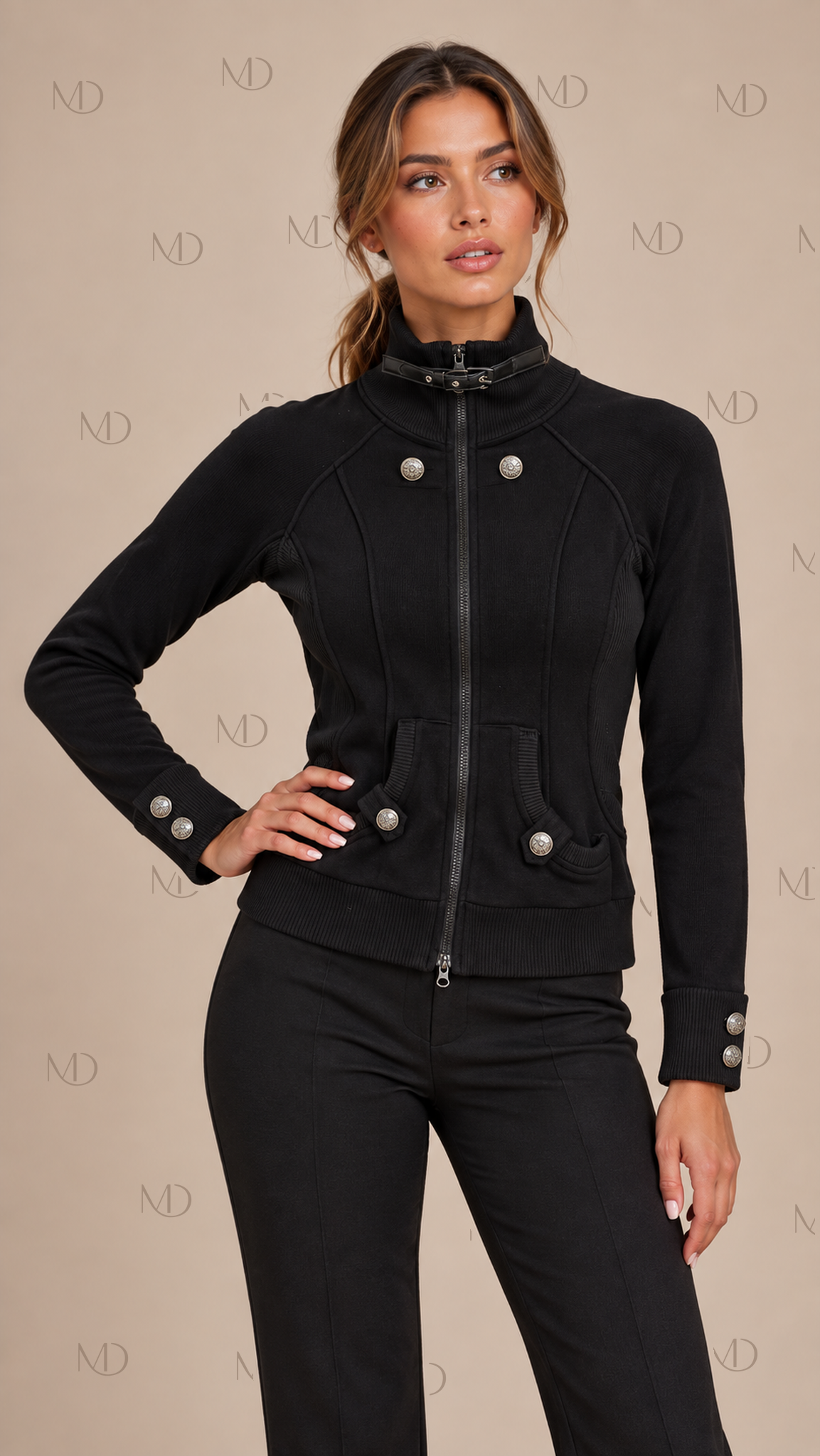 Yuzu Studded Fleece Zip Jacket — Black model front