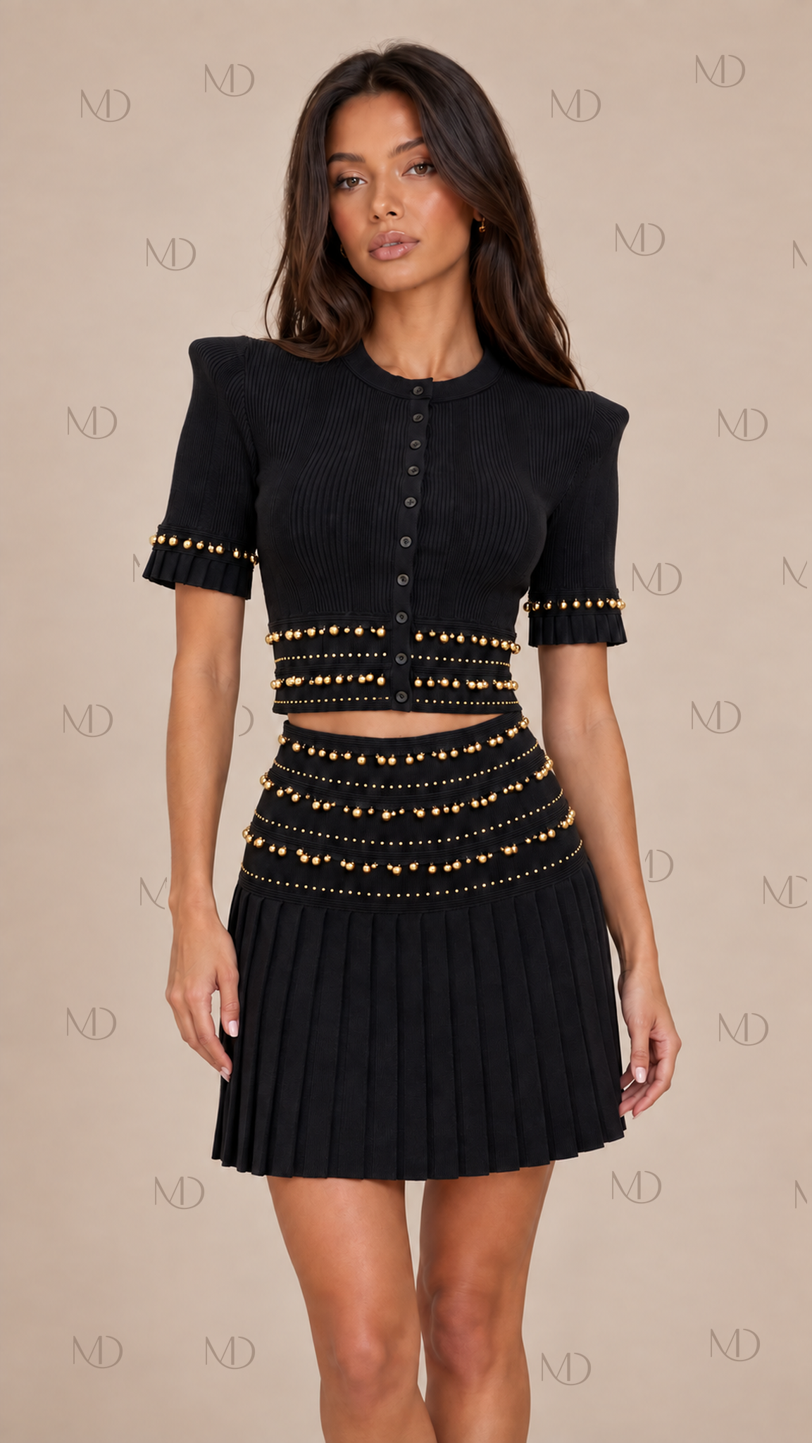Odette Bell-Trim Knit Skirt Set — Black model front
