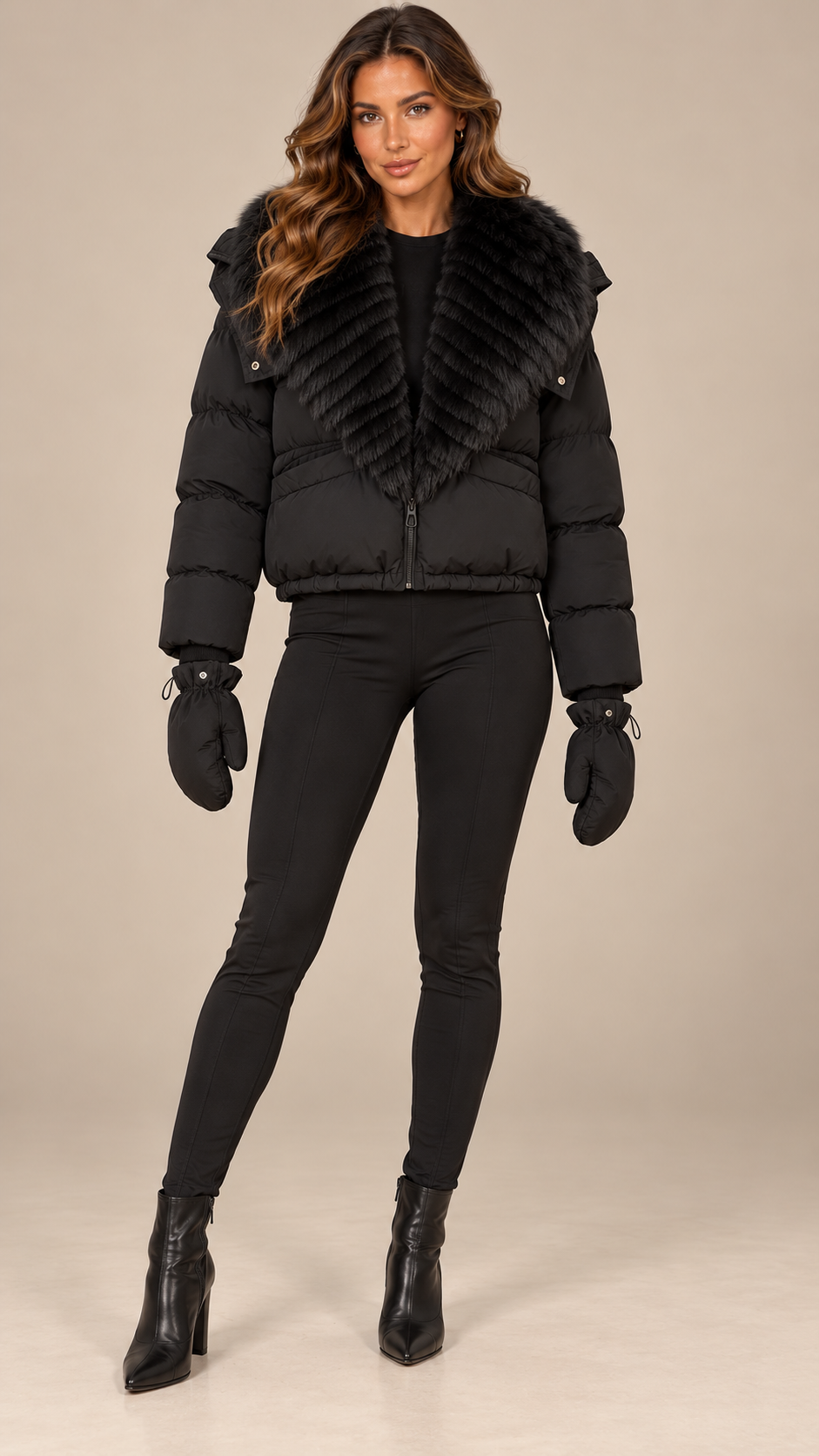 Anastasia Fox-Stole Hooded Puffer — Black model front