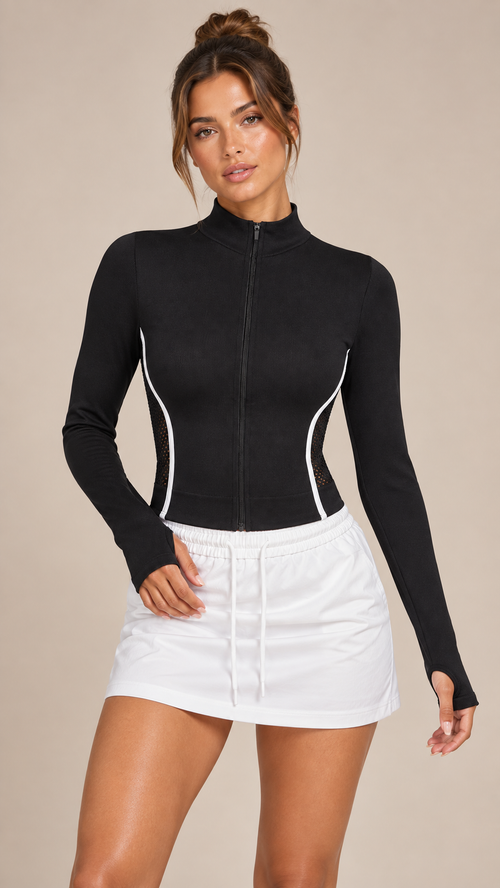 Rhea Zip-Up Yoga Jacket — Black model front