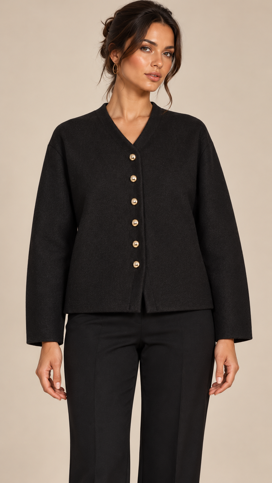 Adelaide Shank-Button Cardigan — Black model front