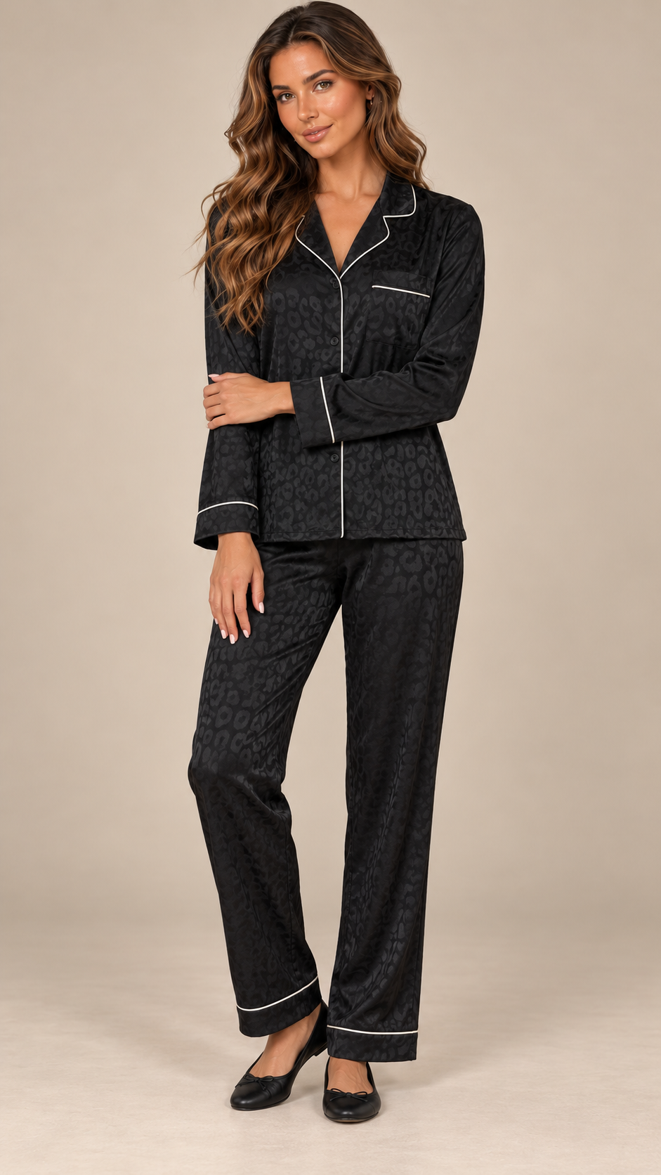 Faustine Jacquard Pajama Set — Black model front