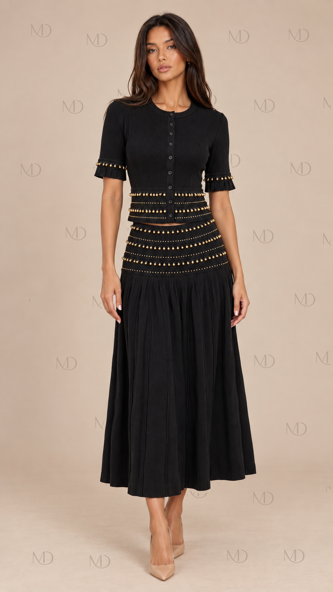 Seraphine Beaded Knit Skirt Set — Black model front