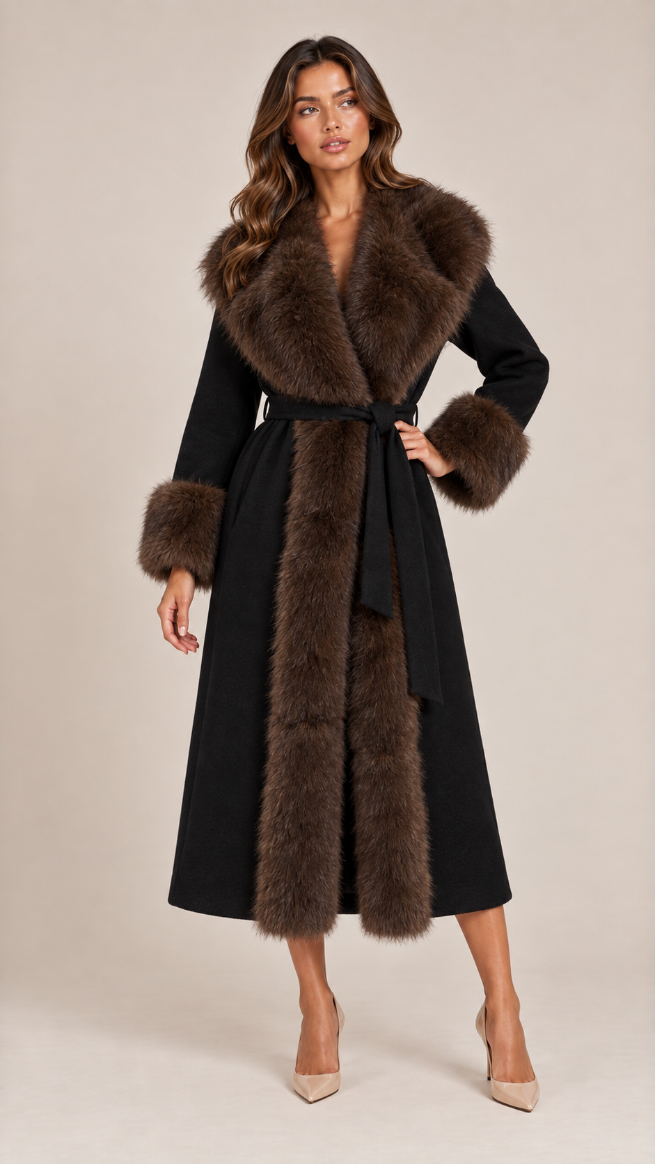 Colette Fur Collar Coat — Black model front