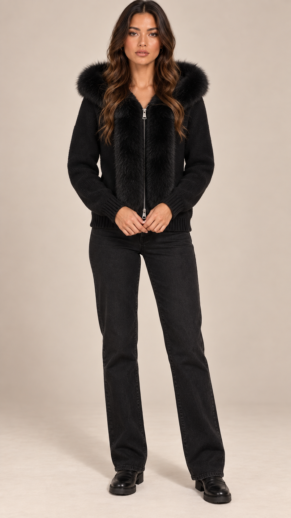 Sable Fox-Collar Cardigan — Black model front