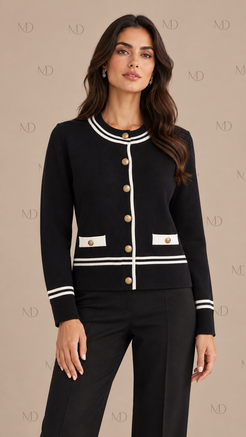 Colette Contrast Trim Cardigan — Black model front