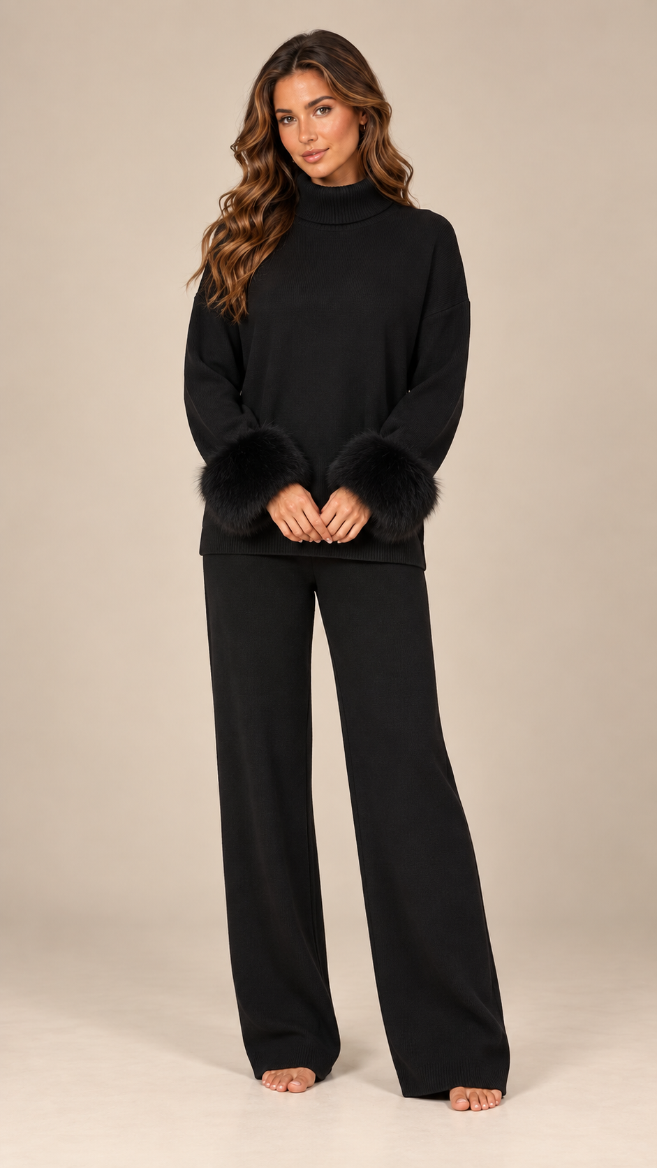 Noor Fur-Pom Knit Set — Black model front