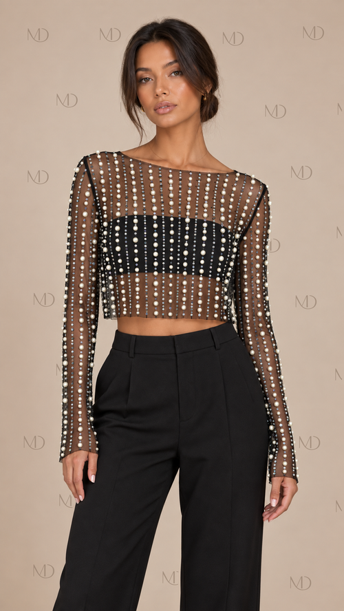 Perla Beaded Mesh Crop Top — Black model front
